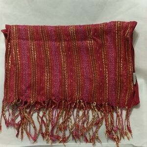 Charming Charlie Pink Red Silver Metallic Thread Woven Scarf with Fringe